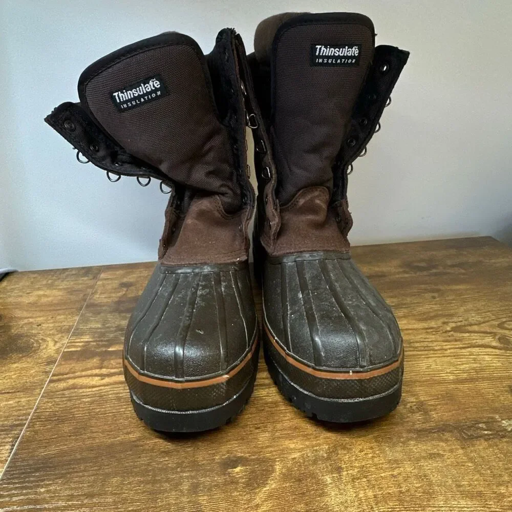 Field & Stream Duck Boots Brown Leather Round Toe Lace Up Thinsulate Lined Sz 10